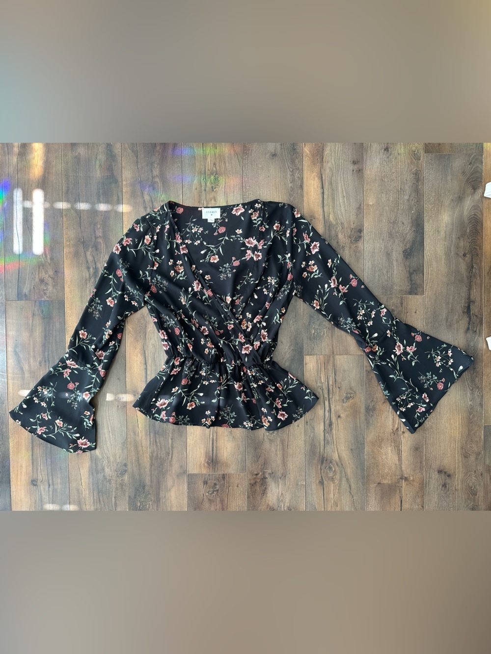 Everly Black Floral Surplice Peplum Top Bell Sleeve Cottagecore Boho